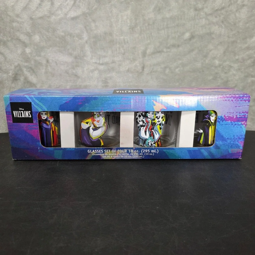 Disney Villains Glassware Set 4pc 10oz Ursula Maleficent Cruella Evil Queen NEW